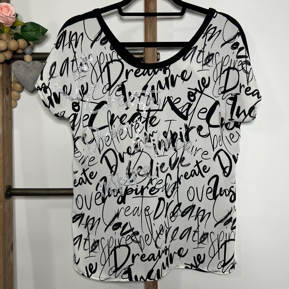Joseph Ribkoff Short Sleeve Black White Sequin Graffiti Print‎ Tee Size 4 - Picture 3 of 7
